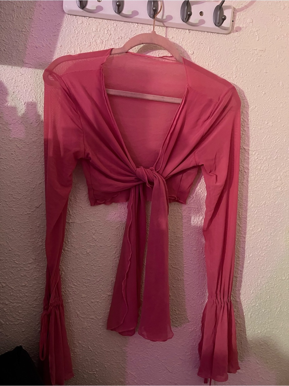 Pink Tie-Front Sheer Knit Women's Top